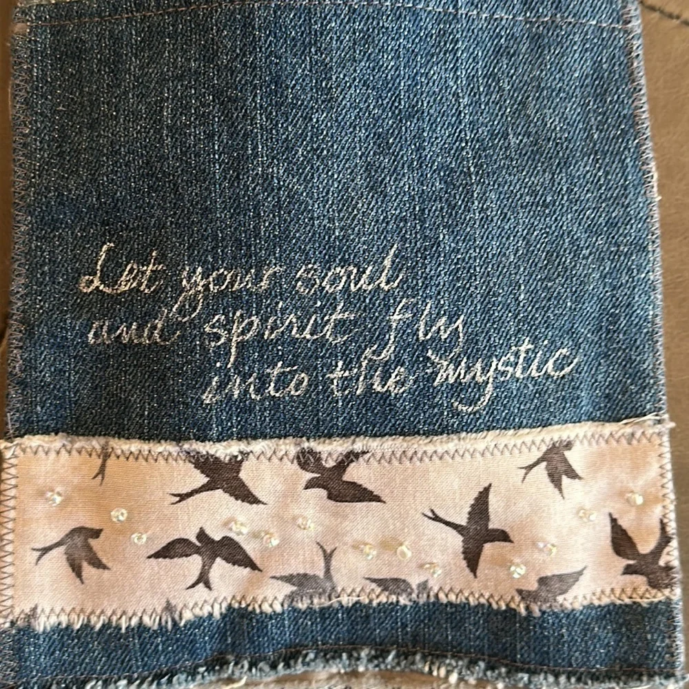 Cloth & Denim Blue Handmade Beaded Fringed  Positve Message Crossbody Bag